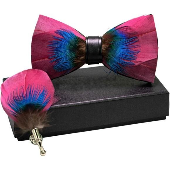 Handmade Feather Pre-tied Bow tie Pink